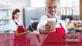  Presentation with take - Slide set consisting of happy barista giving take-away background and a crimson colored foreground