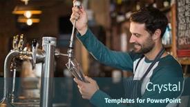  Presentation with bartender - Amazing slide deck having happy bartender pouring beer from tap in glass at bar backdrop and a ocean colored foreground
