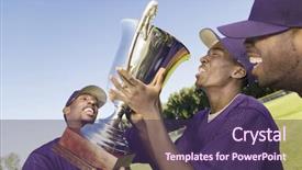  Presentation with baseball player - PPT theme with happy baseball player celebrating victory background and a violet colored foreground