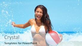  Presentation with beach ball - Beautiful presentation theme featuring happy-beach-asian-bikini-woman backdrop and a cool aqua colored foreground