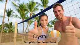  Presentation with volley - Amazing slide set having happy beach volleyball players thumbs backdrop and a coral colored foreground