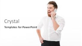  Presentation with clothes - Slides consisting of happy bearded man in business clothes talking by smartphone while holding arm on hip and looking away over white background background and a white colored foreground