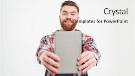  Presentation with college education happy smiling - Cool new theme with happy bearded man showing book backdrop and a lemonade colored foreground