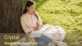  Presentation with taking notes - PPT layouts enhanced with happy-beautiful-asian-woman-studying background and a violet colored foreground