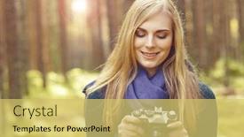  Presentation with tourism hiking - Theme having happy beautiful blond girl taking pictures in forest camp tourism hiking concept background and a yellow colored foreground