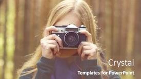  Presentation with tourism hiking - Slides with happy beautiful blond girl taking pictures in forest camp tourism hiking concept background and a coral colored foreground