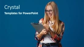  Presentation with writing notes - Beautiful presentation featuring happy-beautiful-blonde-girl-smiling backdrop and a ocean colored foreground