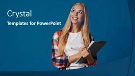  Presentation with writing notes - PPT theme with happy-beautiful-blonde-girl-smiling background and a ocean colored foreground