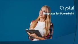  Presentation with writing notes - Colorful slides enhanced with happy-beautiful-blonde-girl-smiling backdrop and a ocean colored foreground