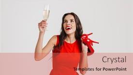  Presentation with champagne - Cool new presentation theme with happy-beautiful-brunette-girl-posing backdrop and a red colored foreground