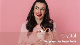  Presentation with milkshake - Amazing PPT layouts having happy-beautiful-brunette-girl-smiling backdrop and a coral colored foreground