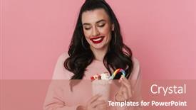  Presentation with milkshake - PPT layouts featuring happy-beautiful-brunette-girl-smiling background and a coral colored foreground