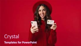  Presentation with credit card - Colorful slide set enhanced with happy-beautiful-brunette-girl backdrop and a crimson colored foreground