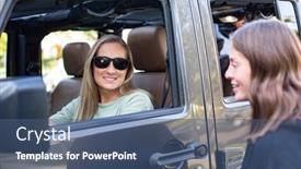  Presentation with car service - Theme enhanced with happy-beautiful-female-driver background and a ocean colored foreground