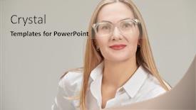  Presentation with classic - Presentation design with happy-beautiful-middle-aged-businesswoman background and a soft green colored foreground