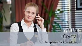  Presentation with restaurant - Amazing theme having happy beautiful restaurant manager woman backdrop and a light gray colored foreground
