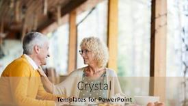  Presentation with supporting - Slide deck featuring happy beautiful senior wife with curly hair wearing glasses touching shoulder of husband and supporting him while they talking at breakfast on porch background and a coral colored foreground