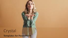  Presentation with kiss - Presentation theme having happy-beautiful-woman-blowing-air background and a coral colored foreground