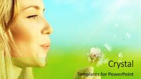  Presentation with flower woman - Colorful PPT theme enhanced with happy beautiful woman blowing dandelion backdrop and a yellow colored foreground