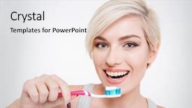 Presentation with teeth - Slide deck enhanced with happy beautiful woman brushing teeth background and a white colored foreground