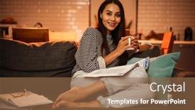  Presentation with coffee book - Beautiful PPT theme featuring happy-beautiful-woman-drinking-coffee backdrop and a tawny brown colored foreground