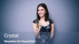  Presentation with looking glass - Amazing presentation design having happy beautiful woman holding glass of champagne over gray background looking at camera backdrop and a ocean colored foreground