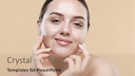  Presentation with skin care - PPT theme having happy-beautiful-woman-holding background and a coral colored foreground