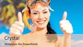  Presentation with swim - PPT theme with happy beautiful woman on beach with thumbs up sign pretty girl with a protective swim mask on the head background and a lemonade colored foreground