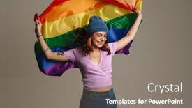  Presentation with rainbow flag - Cool new slide deck with happy-beautiful-woman-smiling backdrop and a gray colored foreground