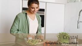  Presentation with salad - Cool new presentation theme with happy-beautiful-woman-smiling backdrop and a  colored foreground