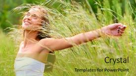  Presentation with beautiful-green - Presentation theme enhanced with happy beautiful young teenage woman with long brunette hair standing in tall green grass on the farm in bright sunshine with her arms stretched background and a gold colored foreground