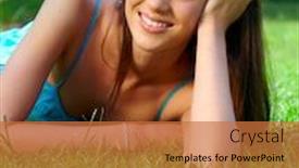  Presentation with sunshine - Presentation theme featuring happy beautiful young teenage woman with long brunette hair lying and dreaming on green grass on the farm in bright sunshine background and a red colored foreground