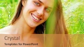  Presentation with tall - Audience pleasing slides consisting of happy beautiful young teenage woman with long brunette hair standing in tall grass in the field backdrop and a gold colored foreground