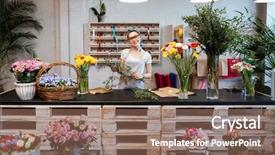  Presentation with flower woman - Beautiful presentation featuring happy beautiful young woman florist backdrop and a violet colored foreground