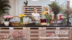  Presentation with flower woman - Presentation theme consisting of happy beautiful young woman florist background and a coral colored foreground