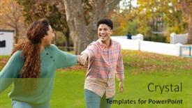  Presentation with happy life - Slide deck having happy-biracial-couple-having-fun background and a gold colored foreground