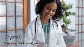  Presentation with taking notes - Slide deck featuring happy-biracial-female-doctor-holding background and a  colored foreground