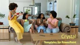  Presentation with living room - Presentation theme enhanced with happy-biracial-female-friends-gossiping background and a tawny brown colored foreground
