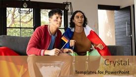  Presentation with supporting - Presentation theme featuring happy-biracial-male-couple-sitting background and a coral colored foreground