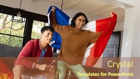  Presentation with supporting - Presentation design having happy-biracial-male-couple-sitting background and a tawny brown colored foreground