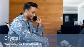  Presentation with military communication - Slides featuring happy-biracial-male-soldier-wearing background and a teal colored foreground