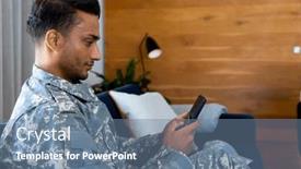  Presentation with military communication - Presentation with happy-biracial-male-soldier-wearing background and a seafoam green colored foreground
