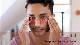  Presentation with eye care - Slide set featuring happy-biracial-man-applying-under background and a red colored foreground