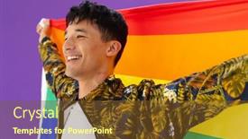  Presentation with lgbt pride flag rainbow flag - Presentation design having happy-biracial-man-holding-lgbt background and a tawny brown colored foreground