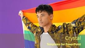  Presentation with lgbt pride flag rainbow flag - Slide deck enhanced with happy-biracial-man-holding-lgbt background and a tawny brown colored foreground