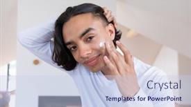  Presentation with skincare - PPT theme with happy-biracial-man-looking background and a sky blue colored foreground