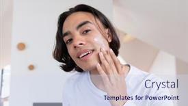  Presentation with skincare - Presentation design having happy-biracial-man-looking background and a sky blue colored foreground