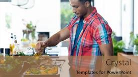  Presentation with cooking oil - Presentation design enhanced with happy-biracial-man-preparing-dinner background and a coral colored foreground