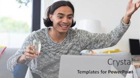  Presentation with quality life - Presentation design consisting of happy-biracial-man-sitting background and a light gray colored foreground