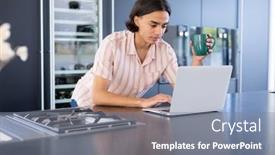  Presentation with quality life - PPT theme having happy-biracial-man-using-laptop background and a gray colored foreground